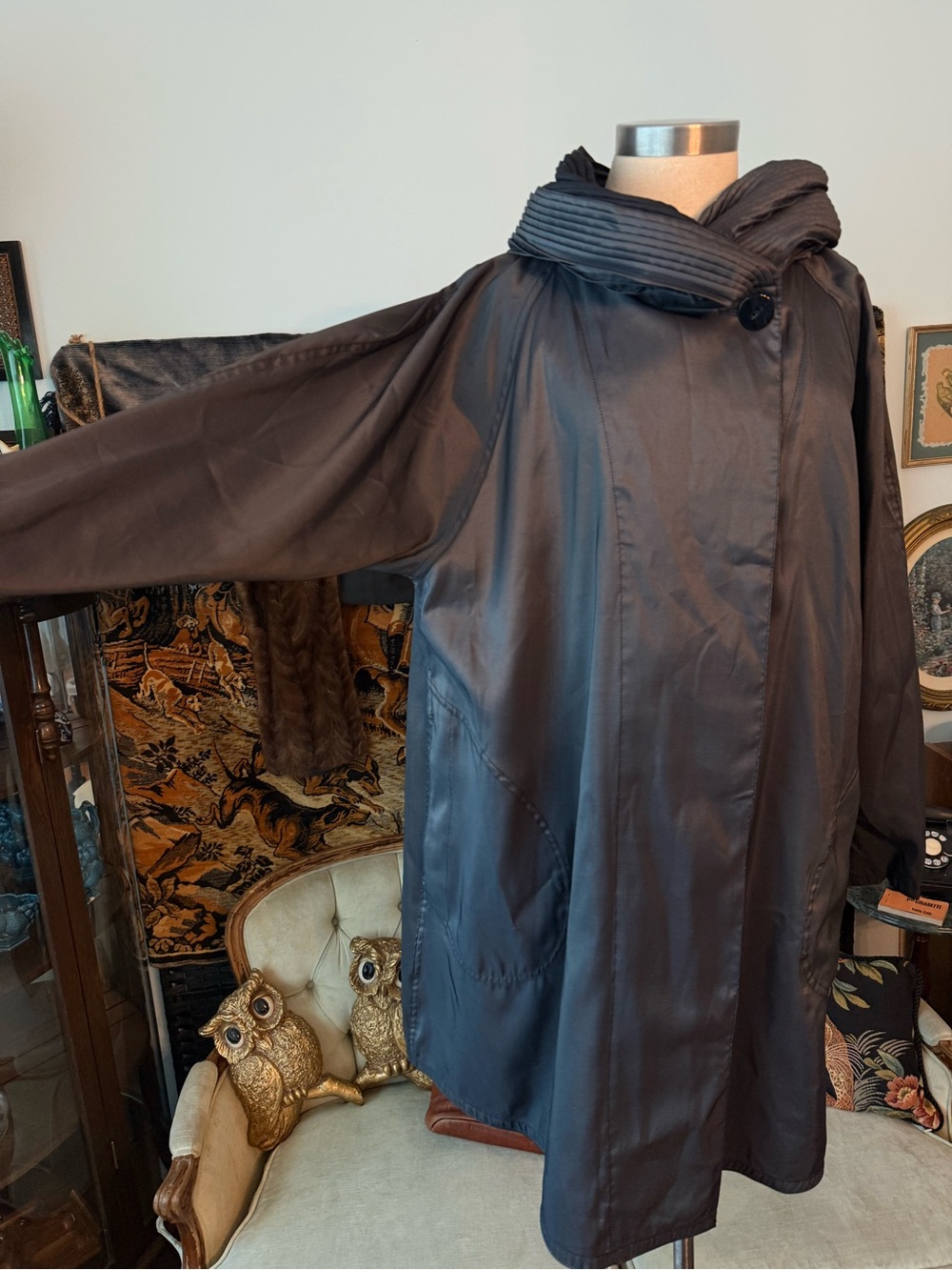 Vintage Mycra Pac Now Reversible Metallic Charcoal & Black Hooded Raincoat S/M - Picture 13 of 16